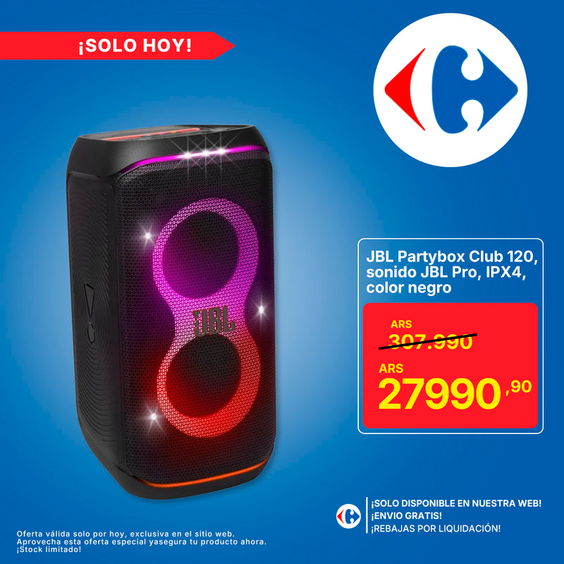 JBL Partybox Club 120, altavoz portátil para fiestas, asa plegable ergonómica, sonido JBL Pro, luces, 12 horas de batería, resistente a salpicaduras IPX4, color negro